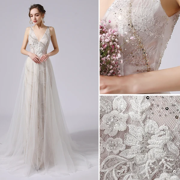 Modern / Fashion Ivory Wedding Dresses 2021 A-Line / Princess Beading Pearl Sequins Lace Flower Deep V-Neck Sleeveless Backless Sweep Train Wedding