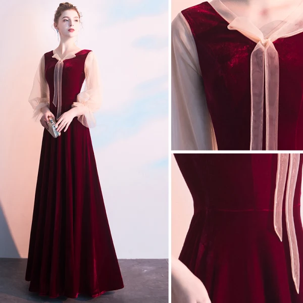 Chic / Beautiful Burgundy Evening Dresses  2019 A-Line / Princess V-Neck Long Sleeve Floor-Length / Long Formal Dresses