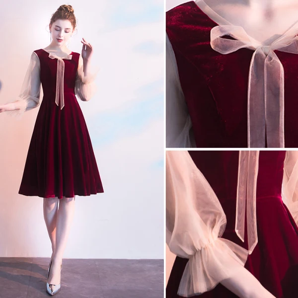 Vintage / Retro Burgundy Homecoming Graduation Dresses 2019 A-Line / Princess V-Neck Suede Bow 3/4 Sleeve Knee-Length Formal Dresses
