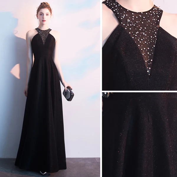 Sexy Noire Robe De Soirée 2019 Princesse Sans Manches Faux Diamant Titulaire Dos Nu Longue Robe De Ceremonie