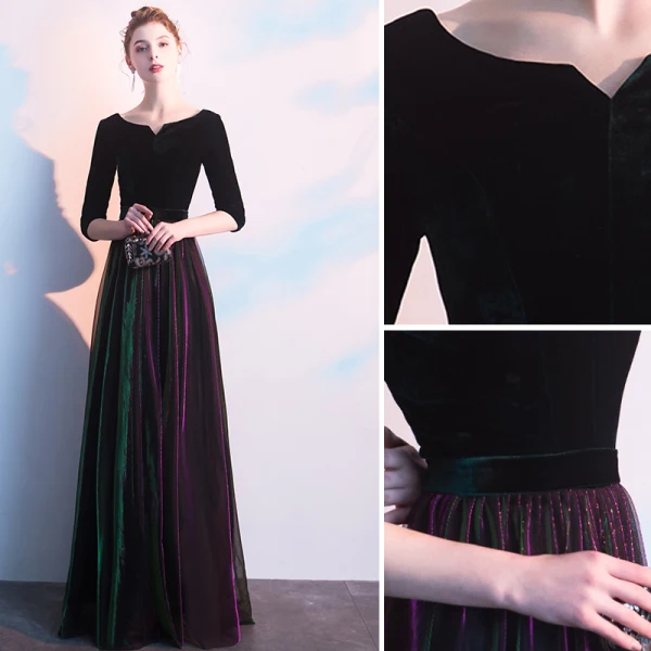 Elegant Black Evening Dresses  2019 A-Line / Princess Scoop Neck Suede 1/2 Sleeves Floor-Length / Long Formal Dresses