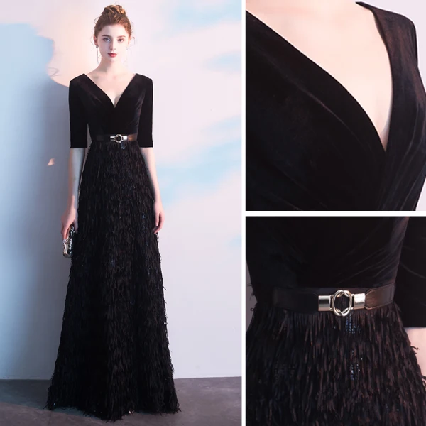 Charming Black Evening Dresses 2019 A-Line / Princess Deep V-Neck Suede Tassel Sash 1/2 Sleeves Floor-Length / Long Formal Dresses