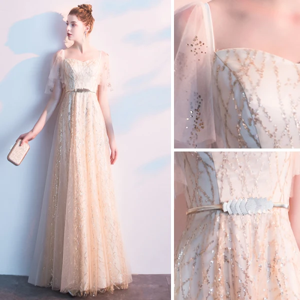 Charming Champagne Evening Dresses  2019 A-Line / Princess Square Neckline Sequins Sash Short Sleeve Backless Floor-Length / Long Formal Dresses