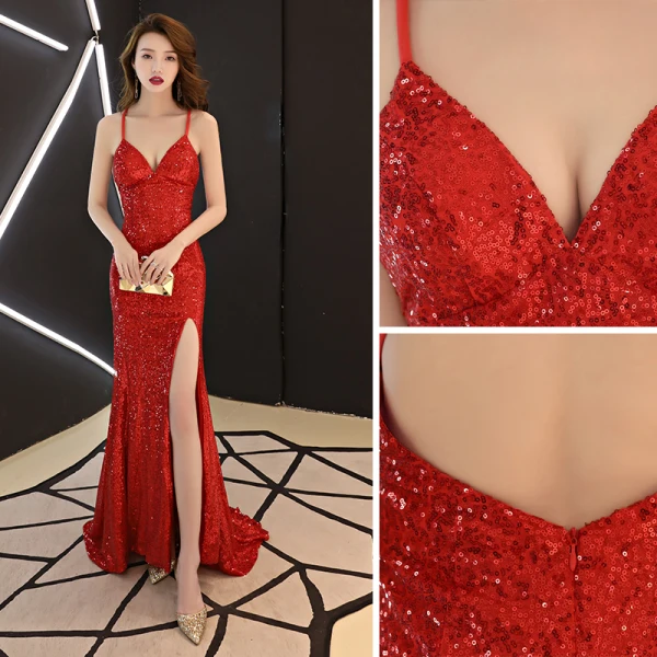 Sexy Simple Rouge Robe De Soirée 2019 Trompette / Sirène Bretelles Spaghetti Paillettes Sans Manches Dos Nu Train De Balayage Robe De Ceremonie