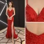 Sexy Simple Rouge Robe De Soirée 2019 Trompette / Sirène Bretelles Spaghetti Paillettes Sans Manches Dos Nu Train De Balayage Robe De Ceremonie
