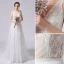 Schlicht Champagner Brautkleider / Hochzeitskleider 2021 A Linie V-Ausschnitt Ärmellos Rückenfreies Spitze Blumen Sweep / Pinsel Zug Hochzeit