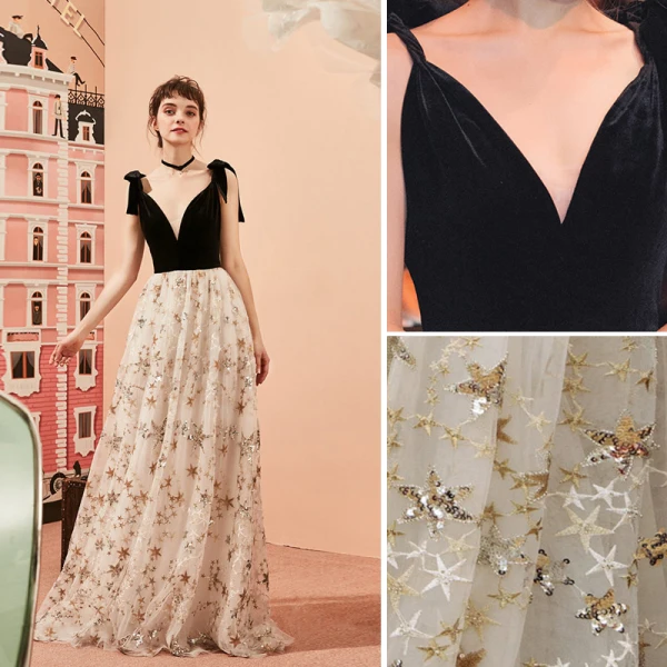 Modern / Fashion Black Evening Dresses 2019 A-Line / Princess V-Neck Lace Sequins Star Suede Bow Sleeveless Floor-Length / Long Formal Dresses