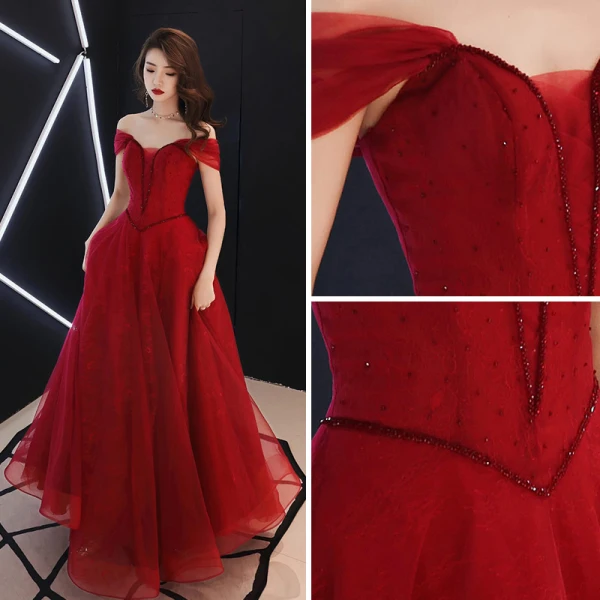Chic / Beautiful Burgundy Evening Dresses 2019 A-Line / Princess Off-The-Shoulder Beading Crystal Sleeveless Backless Floor-Length / Long Formal Dresses