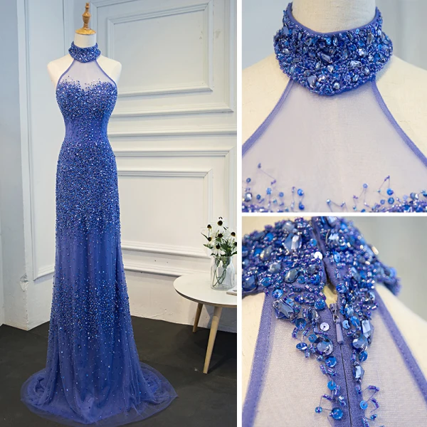 Luxe Océan Bleu Fait main Perlage Robe De Soirée 2019 Trompette / Sirène Titulaire Cristal Paillettes Sans Manches Train De Balayage Robe De Ceremonie