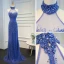Luxe Océan Bleu Fait main Perlage Robe De Soirée 2019 Trompette / Sirène Titulaire Cristal Paillettes Sans Manches Train De Balayage Robe De Ceremonie