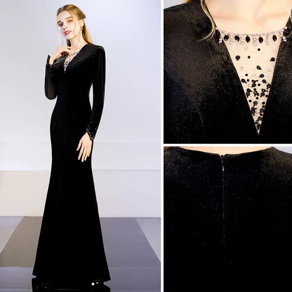 Elegant Solid Color Black Evening Dresses  2019 Trumpet / Mermaid V-Neck Suede Rhinestone Long Sleeve Floor-Length / Long Formal Dresses