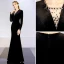 Elegant Solid Color Black Evening Dresses  2019 Trumpet / Mermaid V-Neck Suede Rhinestone Long Sleeve Floor-Length / Long Formal Dresses