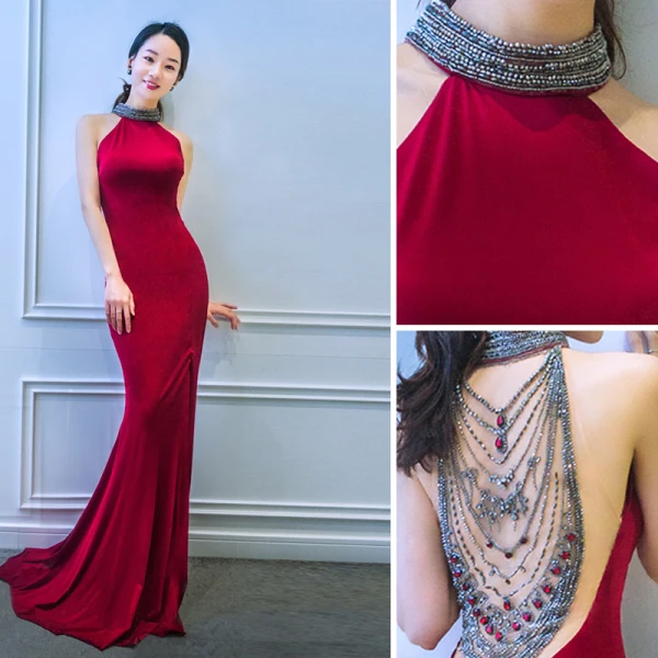Sexy Einfarbig Rot Abendkleider 2019 Meerjungfrau Neckholder Wildleder Rückenfreies Handgefertigt Perlenstickerei Ärmellos Gespaltete Front Sweep / Pinsel Zug Festliche Kleider