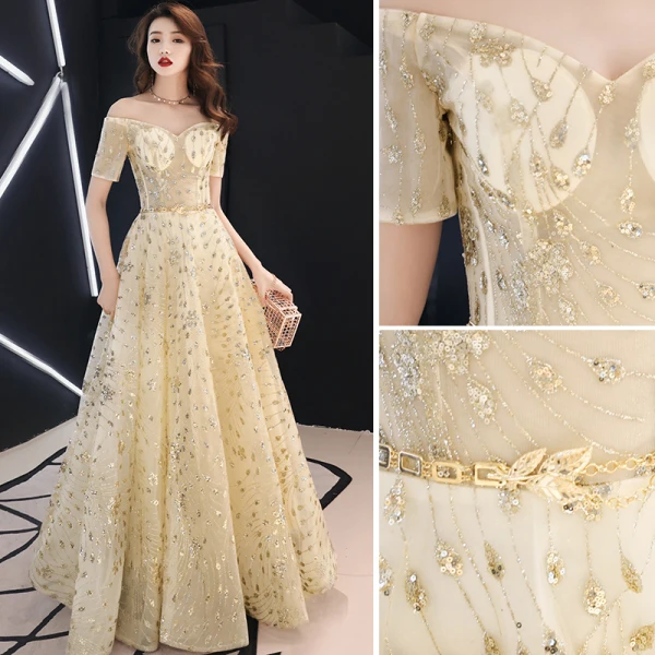 Elegant Gold Evening Dresses 2019 A-Line / Princess Off-The-Shoulder Glitter Sequins Metal Sash Short Sleeve Backless Floor-Length / Long Formal Dresses