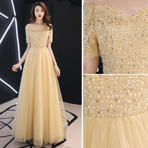 Modern / Fashion Gold Evening Dresses 2019 A-Line / Princess Off-The-Shoulder Sequins Tassel Short Sleeve Floor-Length / Long Formal Dresses