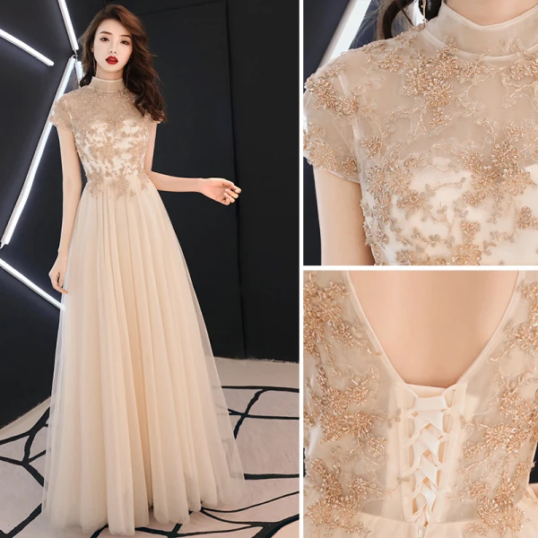 Élégant Champagne Robe De Soirée 2019 Princesse Col Haut Perlage Cristal En Dentelle Fleur Paillettes Manches Courtes Dos Nu Longue Robe De Ceremonie