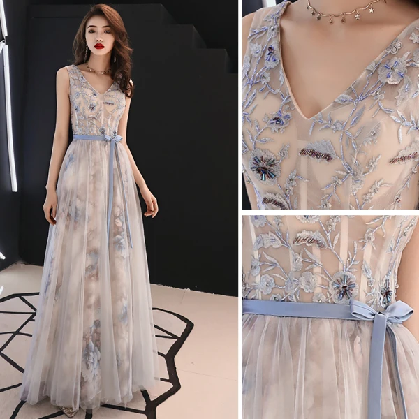 Chic / Beautiful Grey Evening Dresses 2019 A-Line / Princess V-Neck Crystal Lace Flower Bow Sleeveless Backless Floor-Length / Long Formal Dresses