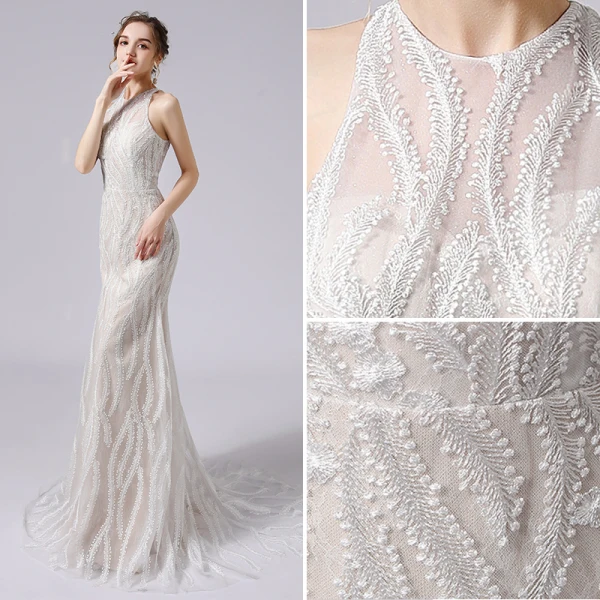 Sexy Champagne Lace Flower Wedding Dresses 2021 Trumpet / Mermaid Scoop Neck Sleeveless Backless Sweep Train Wedding
