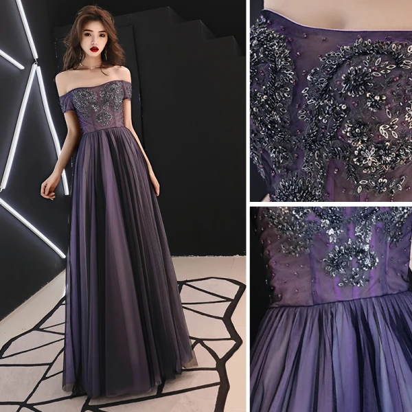 Elegant Grape Evening Dresses  2019 A-Line / Princess Off-The-Shoulder Beading Crystal Sequins Short Sleeve Backless Floor-Length / Long Formal Dresses