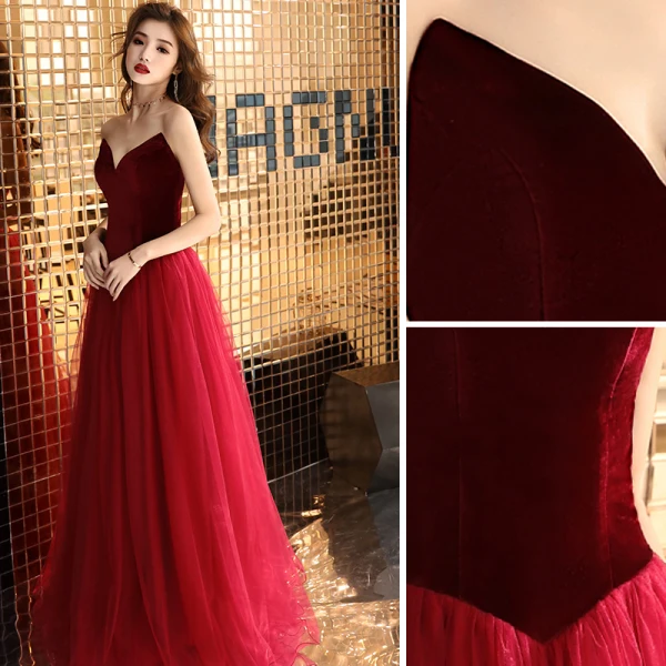 Sexy Burgundy Prom Dresses 2019 A-Line / Princess Strapless Suede Sleeveless Backless Floor-Length / Long Formal Dresses