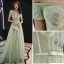 Elegant Sage Green Prom Dresses 2019 A-Line / Princess Off-The-Shoulder Lace Flower Appliques Beading Rhinestone Bow Short Sleeve Floor-Length / Long Formal Dresses
