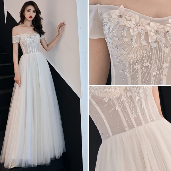 Élégant Ivoire Robe De Bal 2019 Princesse De l'épaule En Dentelle Fleur Faux Diamant Manches Courtes Dos Nu Longue Robe De Ceremonie