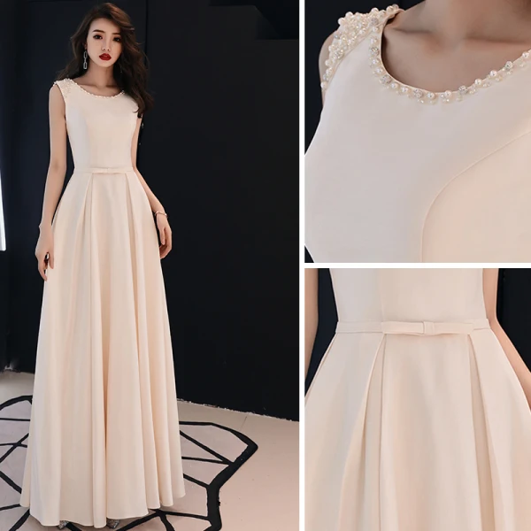 Elegant Ensfarget Champagne Selskapskjoler 2019 Prinsesse Scoop Halsen Perle Rhinestone Uten Ermer Lange Formelle Kjoler