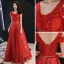 Charming Red Evening Dresses  2019 A-Line / Princess V-Neck Beading Sequins Metal Sash Glitter Tulle Short Sleeve Backless Floor-Length / Long Formal Dresses
