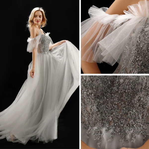 Chic / Belle Gris Robe De Soirée 2019 Princesse Bretelles Spaghetti En Dentelle Fleur Perlage Paillettes Volants Manches Courtes Dos Nu Longue Robe De Ceremonie
