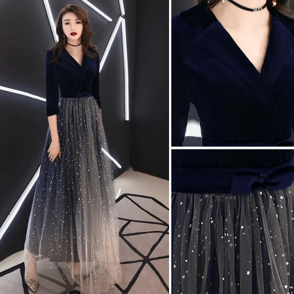 Elegant Navy Blue Evening Dresses  2019 A-Line / Princess V-Neck Suede Star Bow 3/4 Sleeve Floor-Length / Long Formal Dresses