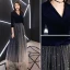 Elegant Navy Blue Evening Dresses  2019 A-Line / Princess V-Neck Suede Star Bow 3/4 Sleeve Floor-Length / Long Formal Dresses