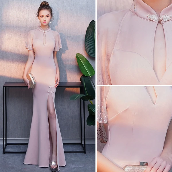 Élégant Rougissant Rose Robe De Soirée 2019 Trompette / Sirène Col Haut Faux Diamant Manches Courtes Fendue devant Longue Robe De Ceremonie