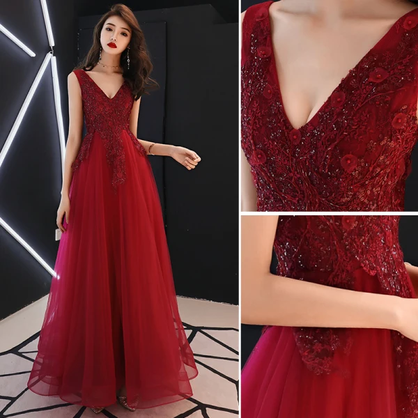 Chic / Belle Bordeaux Robe De Soirée 2019 Princesse V-Cou Sans Manches Perlage Cristal En Dentelle Fleur Dos Nu Longue Robe De Ceremonie