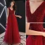 Chic / Belle Bordeaux Robe De Soirée 2019 Princesse V-Cou Sans Manches Perlage Cristal En Dentelle Fleur Dos Nu Longue Robe De Ceremonie