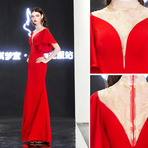 Chic / Belle Noire Robe De Soirée 2019 Trompette / Sirène Col Haut En Dentelle Fleur Manches Courtes Longue Robe De Ceremonie