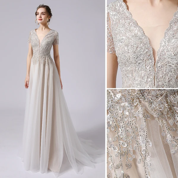 Charmant Champagner Brautkleider / Hochzeitskleider 2021 A Linie Perlenstickerei Kristall Pailletten Tiefer V-Ausschnitt Kurze Ärmel Rückenfreies Sweep / Pinsel Zug Hochzeit