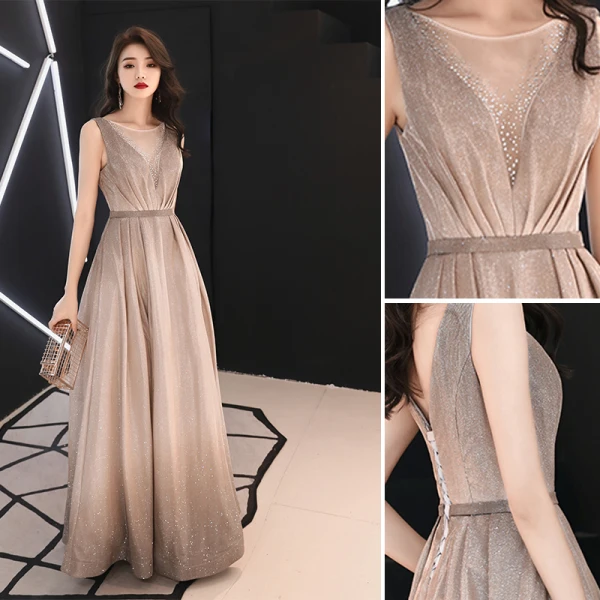 Charmant Dégradé De Couleur Robe De Soirée 2019 Princesse Encolure Dégagée Glitter Polyester Faux Diamant Sans Manches Dos Nu Longue Robe De Ceremonie