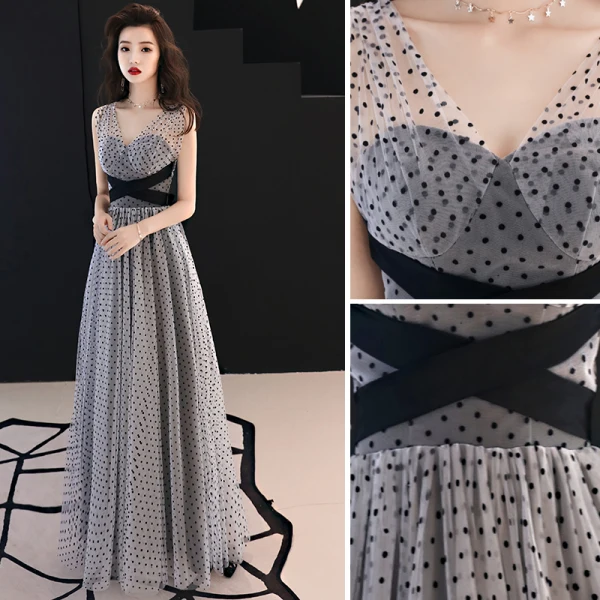 Chic / Beautiful Grey Evening Dresses 2019 A-Line / Princess V-Neck Bow Spotted Sleeveless Backless Floor-Length / Long Formal Dresses