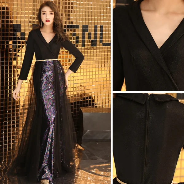 Chic / Beautiful Black Evening Dresses  2019 A-Line / Princess V-Neck Sash Sequins 3/4 Sleeve Floor-Length / Long Formal Dresses