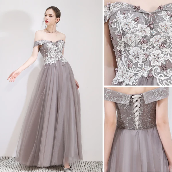 Chic / Beautiful Grey Prom Dresses 2019 A-Line / Princess Appliques Lace Flower Off-The-Shoulder Short Sleeve Backless Floor-Length / Long Formal Dresses