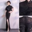 Chinese style Black Evening Dresses  2019 Trumpet / Mermaid High Neck Short Sleeve Split Front Floor-Length / Long Formal Dresses