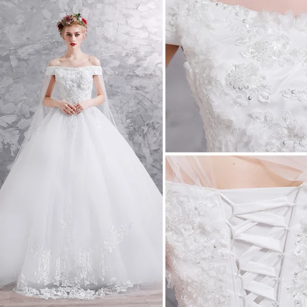 Elegant White Wedding Dresses 2019 Ball Gown Off-The-Shoulder Lace Flower Appliques Pearl Sequins Short Sleeve Backless Chapel Train