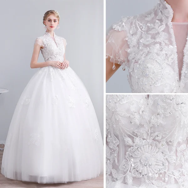 Elegant White Wedding Dresses 2019 Ball Gown High Neck Lace Flower Sequins Short Sleeve Backless Floor-Length / Long