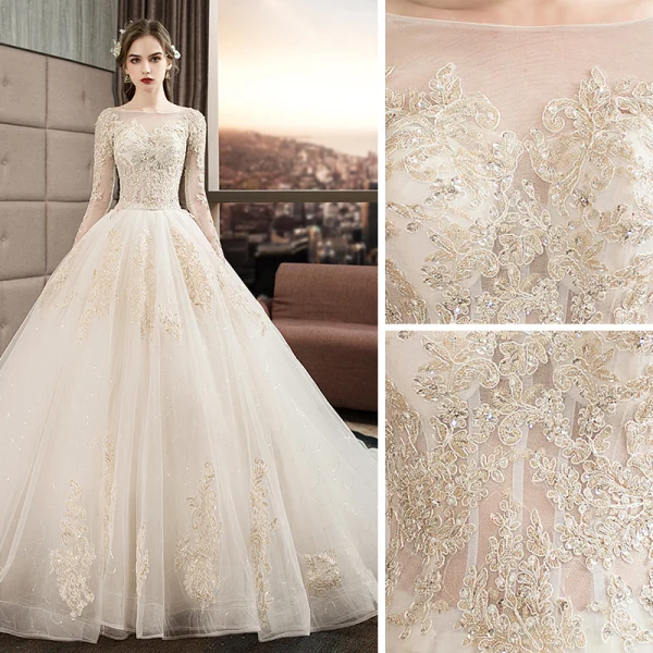 Audrey Hepburn Style Ivory Wedding Dresses 2019 Ball Gown Scoop Neck Beading Sequins Lace Flower Long Sleeve Backless Royal Train
