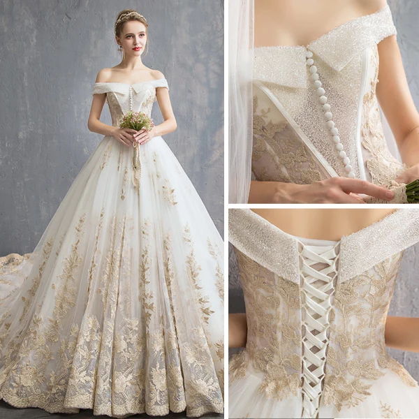 Luxury / Gorgeous Champagne 2019 Wedding Dresses Ball Gown Off-The-Shoulder Buttons Lace Flower Sleeveless Backless Royal Train