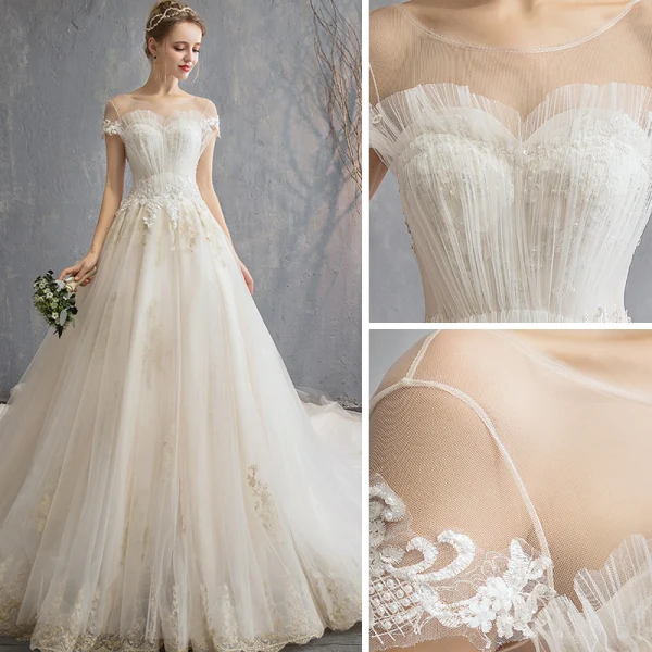 Élégant Champagne Robe De Mariée 2019 Princesse Encolure Dégagée Volants Perlage Perle En Dentelle Fleur Manches Courtes Dos Nu Royal Train