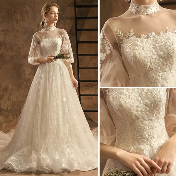 Elegant Champagne Wedding Dresses 2019 A-Line / Princess High Neck Lace Flower 3/4 Sleeve Backless Chapel Train