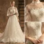 Elegant Champagne Wedding Dresses 2019 A-Line / Princess High Neck Lace Flower 3/4 Sleeve Backless Chapel Train