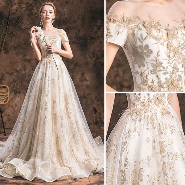 Charming Champagne 2019 Wedding Dresses A-Line / Princess Scoop Neck Lace Flower Glitter Tulle Short Sleeve Backless Cathedral Train