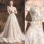 Charming Champagne 2019 Wedding Dresses A-Line / Princess Scoop Neck Lace Flower Glitter Tulle Short Sleeve Backless Cathedral Train